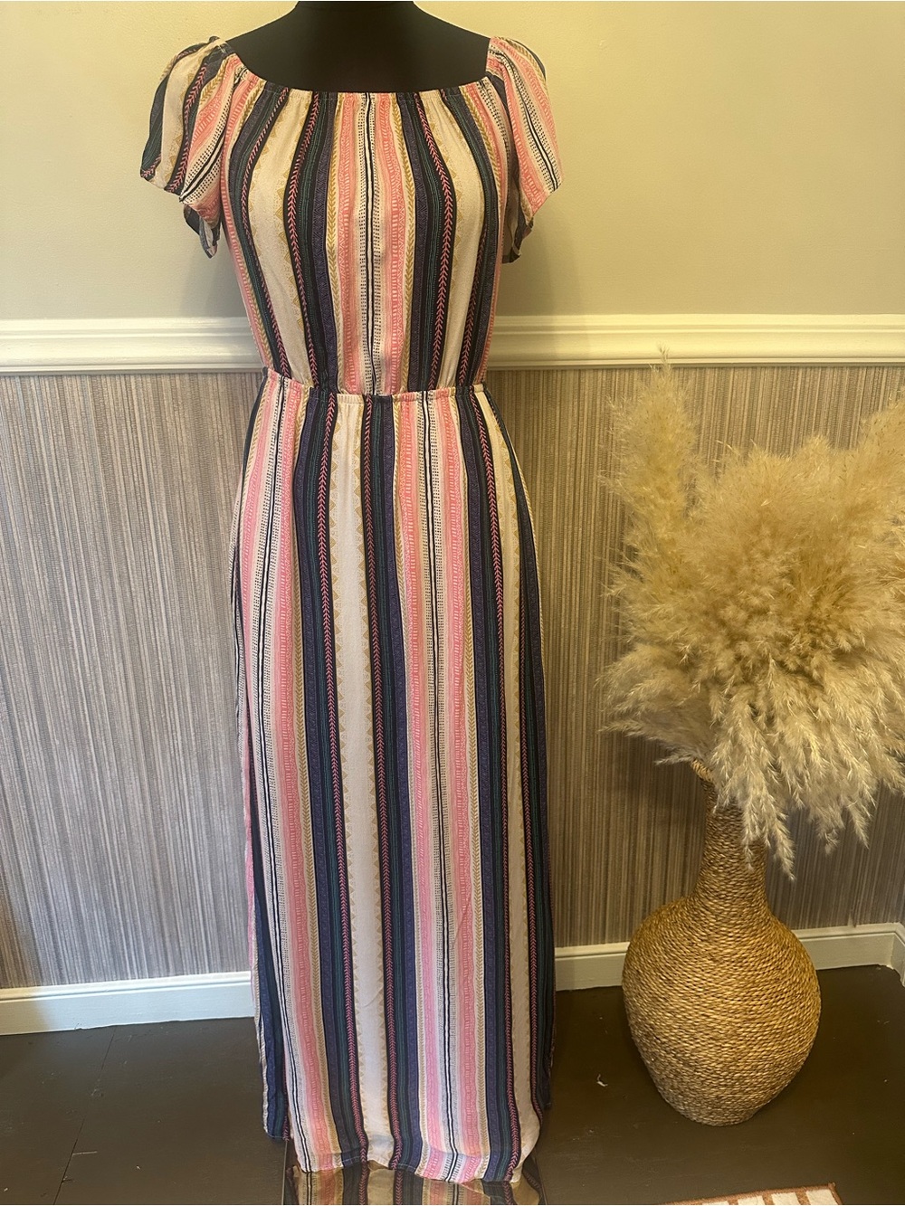 One Clothing Boho Stripe Off Shoulder Maxi Dress Medium Pink Blue Lined